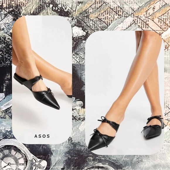 ASOS adorable black faux leather pointed bow slip on flats/mules - Picture 2 of 16